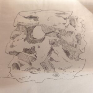 Druck einer Bleistiftzeichnung Königsstein/Mondstein - Pokémon? Gefunden in der Naturkunde der 80er, geliehen von Klaus